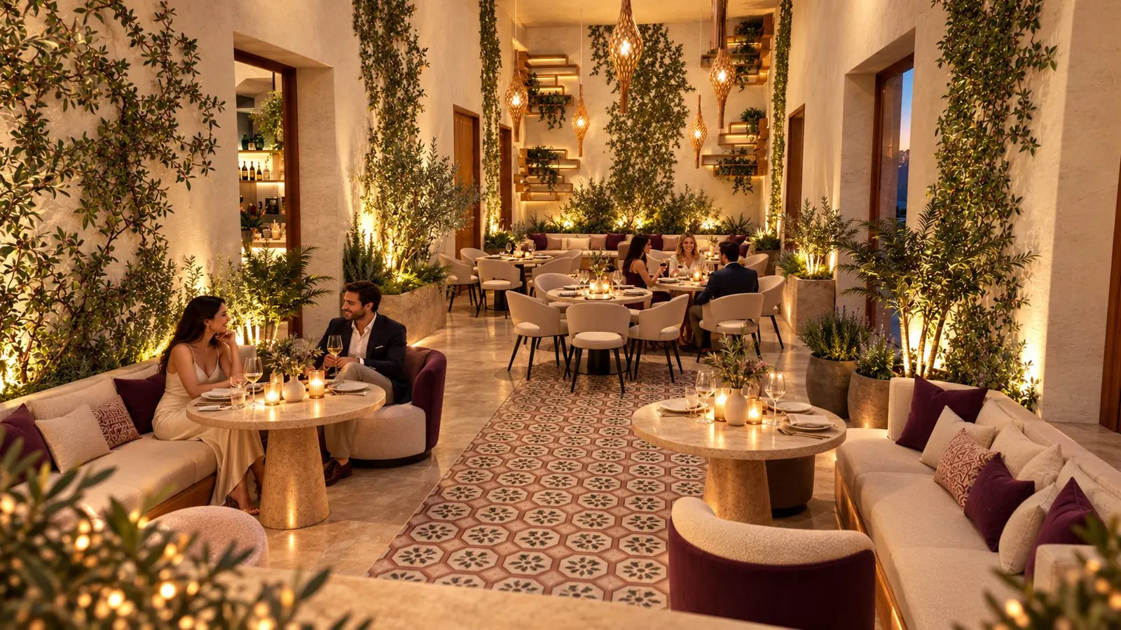 Salón del bar con sofás y baldosa hidráulica