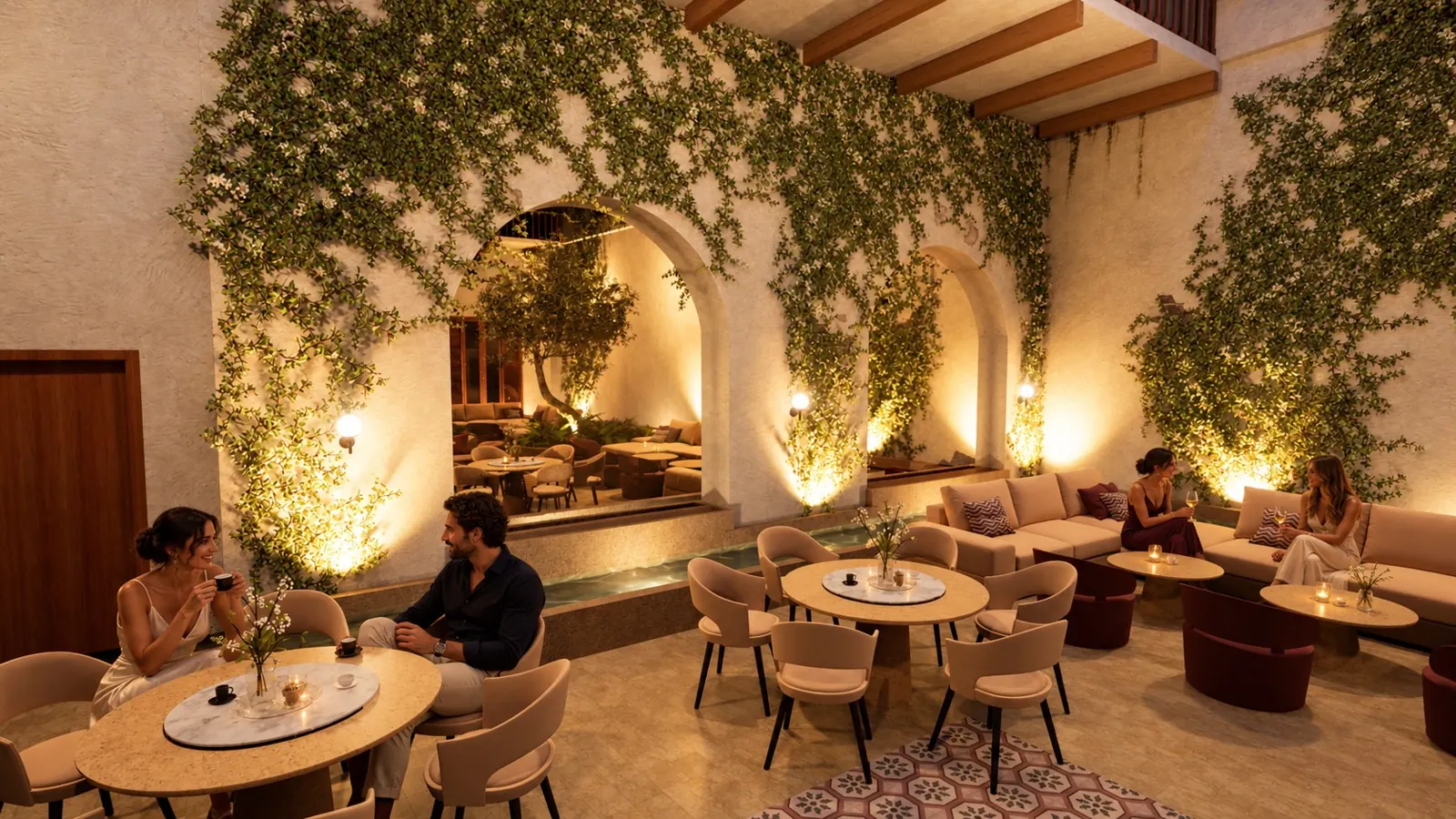 Los dos arcos del fondo del patio con vidrio de espejo que refleja el olivo y las salas