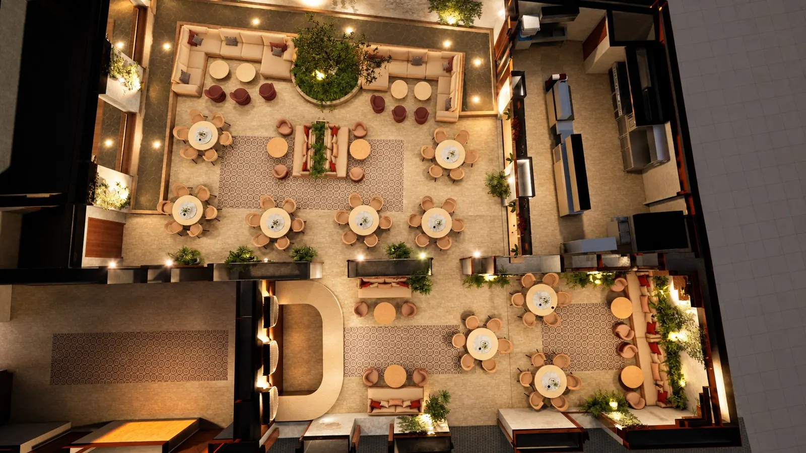 Vista cenital de la planta general: patio, bar interior y cocina
